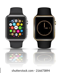 Smart watch isolated with icons on white background. Vector illustration.