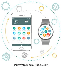 Smart watch isolated with icons on white background - Vector illustration. Smartphone interface with smart watch vector realistic object. Mock up smart object vector
