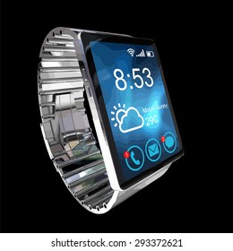 Smart watch isolated on white background. Creative business mobility and modern mobile wearable device technology concept. Color digital smart watch with colorful screen interface. Vector, eps10