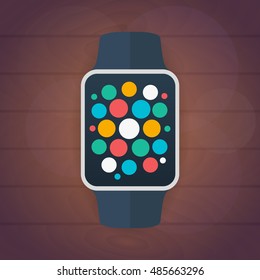 Smart watch isolated on white. Stainless silver . Vector with app. reflected surface. icon screen. face eps