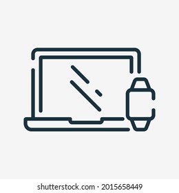 Symbol für Smart Watch und Laptop Line. Lineares Piktogramm für angeschlossene oder synchronisierte Geräte. Leitbild für die Synchronisation digitaler Technologie Bearbeitbarer Stroke. Einzelne Vektorgrafik.