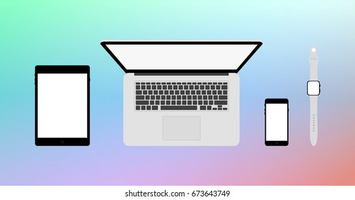 smart watch, laptop, smartphone, tablet with blank touch screen isolated on gradient background, top viev, view from above. flat design vector illustration eps10