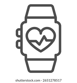 Smart watch line icon, body building concept. Vector graphics. Fitness bracelet, mini device with heartbeat rate sensor sign on white background, outline style icon for mobile or web design