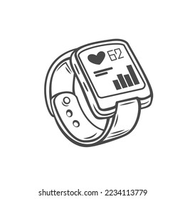 Ilustración vectorial de icono de línea de reloj inteligente. Pulsera de reloj de pulsera con contorno de mano con pulsera y rastreador monitorizando la calidad del sueño y la relajación, latidos de corazón durante la formación deportiva