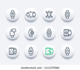 smart watch line icons set, synchronization, wearable device, fitness app, charging, notifications, settings