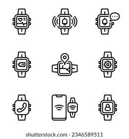 conjunto de iconos de la línea de reloj inteligente. movilidad, latido, tacto, tecnología, reloj, innovación, interfaz, apoplo, chat, gadget, inalámbrico, llamada, aplicación, inteligente, contorno, electrónica, pantalla, visualización, ubicación