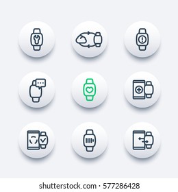 smart watch line icons set, wearable device, modern gadgets, synchronization with cloud or smartphone, configuration, charging