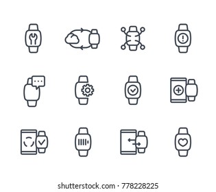 smart watch line icons set on white, fitness app, synchronization with cloud or smartphone, wearable device, charging, notifications, configuration