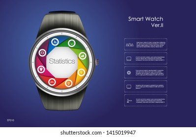 Smart watch main menu concept, blue background, vector illustration.