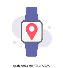 Smart watch con mapa y marcador de ubicación. Ilustración vectorial en estilo plano