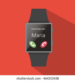 Smart watch with Maria calling icon, flat concept with long shadow.Cartoon style. Vector illustration.
