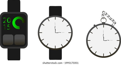 Smart watch, mechanical watch and watch on a chain. Vector flat icon set