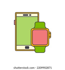 Smart watch and mobile smart phone icon in color, isolated on white background 