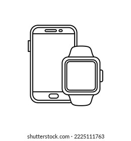 Smart watch and mobile smart phone icon in line style icon, isolated on white background