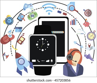 Smart watch. Mobile phone. Modern color illustration.flat design