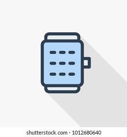 Smart watch modern mobile device thin line flat color icon. Linear vector illustration. Pictogram isolated on white background. Colorful long shadow design.