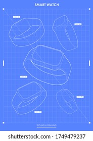 Smart watch. Modern template for web and print. Hi-tech device concept. technical drawing.