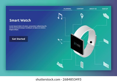 Reloj inteligente Ilustración vectorial moderna con Elementos de tecnología abstracta, que incluyen interfaz inalámbrica, de objetos y futurista. Ideal para contenidos de tecnología e innovación digital.