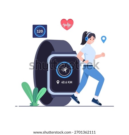Smart watch monitors heart rate of young woman during exercise. Vector illustration