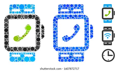 Smart watch mosaic of round dots in variable sizes and color hues, based on smart watch icon. Vector round dots are composed into blue collage. Dotted smart watch icon in usual and blue versions.