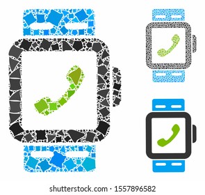 Smart watch mosaic of uneven items in various sizes and color tones, based on smart watch icon. Vector tuberous items are united into composition. Smart watch icons collage with dotted pattern.