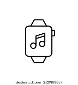 Smart watch with musical note on screen. Seamless integration of music streaming and playback on a wearable platform. Pixel perfect, editable stroke icon