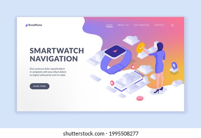 Smart watch with navigation app. Finding right address online with wrist device. Touch interface associated with smartphone. Web routing and virtual map. Vector isometric landing page