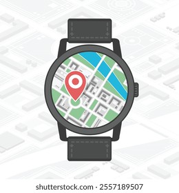 Smart Watch Navigator. Illustration of digital watch on the background map. Gps concept in flat style.