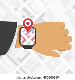Smart Watch Navigator. Vector illustration of businessman's hand with digital watch on the background map. Gps concept in flat style.