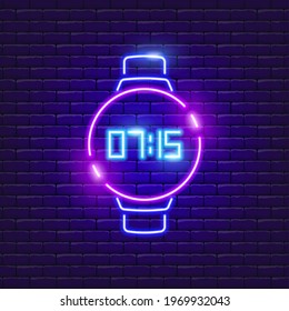 Icono de neón reloj inteligente. Ilustración vectorial para el diseño de publicidad, sitio web, promoción, banner, folleto, volante. Concepto de tecnología