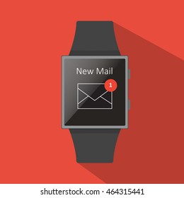 Smart watch with new mail icon, flat concept with long shadow.Cartoon style. Vector illustration.