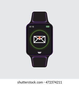 Smart watch new message icon. Smart watch isolated logo. Smart watch new mail sign. Vector eps10 illustration. New message notification smart watch.