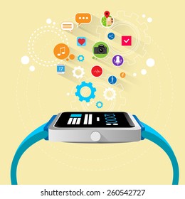 smart watch new technology electronic device with apps icons flat design vector illustration