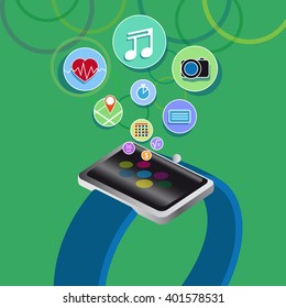 smart watch new technology electronic device with apps icons flat design vector illustration