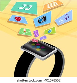 smart watch new technology electronic device with apps icons flat design vector illustration