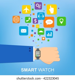 smart watch new technology electronic device with apps icons flat design. Vector illustration