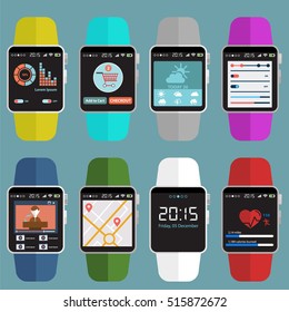 Smart watch new technology electronic device with apps icons flat design vector illustration.