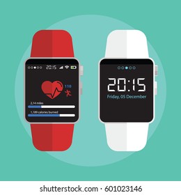 Smart watch new technology electronic device with apps icons flat design vector illustration.