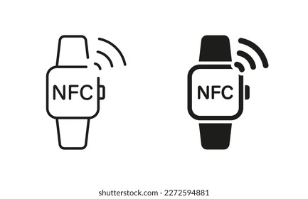 Smart Watch con línea de tecnología NFC y conjunto de iconos de silueta. Pictograma de pulsera Smartwatch. Watch for Contactless Payment Symbol Collection on White Background. Ilustración de vectores aislados.