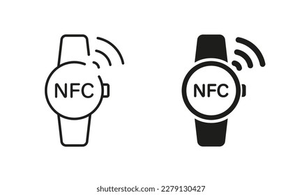 Smart Watch with NFC Technology Line and Silhouette Icon Set. Smartwatch Bracelet Pictogram. Watch for Contactless Payment Symbol Collection on White Background. Isolated Vector Illustration.