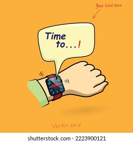 Smart watch on the arm that emits a voice message and indication "now!", symbolizing the beginning of a new stage in life.
Vector illustration