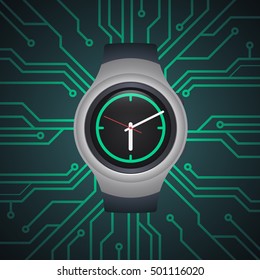 Smart watch on the circuit board vector background.High tech.Vector illustration.