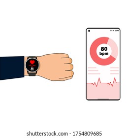 Un reloj inteligente a mano. Aplicación por teléfono con seguimiento de latidos.
