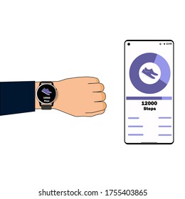 Intelligente Uhr. App auf dem Telefon.Der Tracker zeigt die Anzahl der Schritte. Die Anwendung am Telefon zeigt die Anzahl der durchgeführten Schritte. 