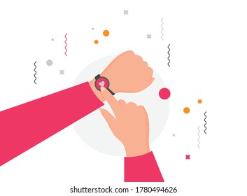 Smart watch on hand design over color background, flat vector illustration
