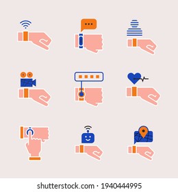 Smart watch on the hand. A device to track user activity. People and gadgets. Vector flat illustrations