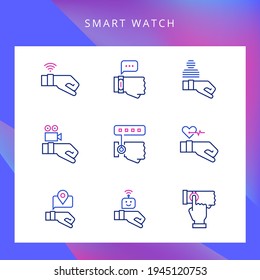 Smart watch on the hand. A device to track user activity. People and gadgets. Line icons set