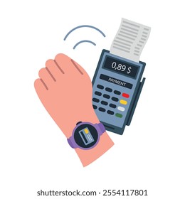 Smart watch on hand making payment at POS terminal. Hand with smart watch on wrist making payment transaction. Flat vector illustration drawn in flat style by hand