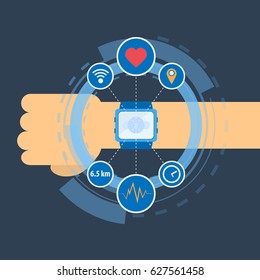 smart watch on the hand. Vector illustration of a flat design. smart watch widget