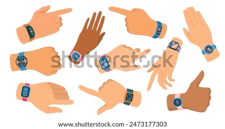 Smart watch on hands. Modern smartwatch on man wrist, wearable technology concept, person wearing smart watch with app interface. Vector illustration